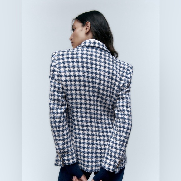 Zara double breasted textured jacket blazer lapel collar shoulder pads - Picture 5 of 10